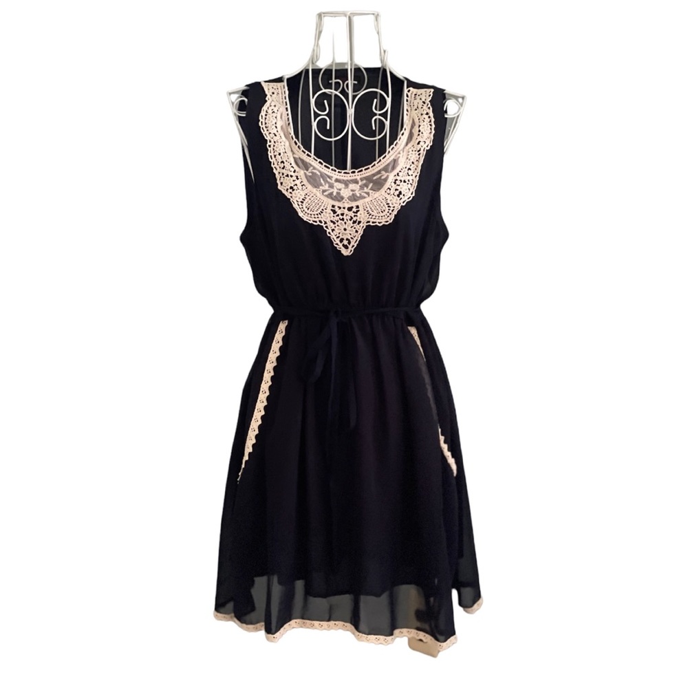 Navy Blue Boho Cottagecore Crochet Lace Mini Dress